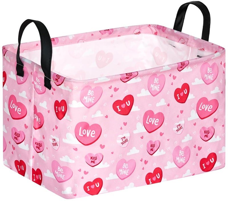 FUULOXE Rectangular Valentines Basket Storage Bin for Shelves Girls Gifts Baskets Foldable Box with Handles for Home Office Car Dormroom Valentine's Day Party Supplies - Image 1
